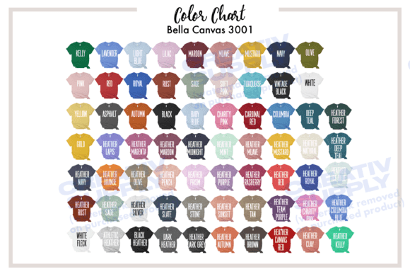 Color Chart for Bella Canvas 3001 Shirts Graphics