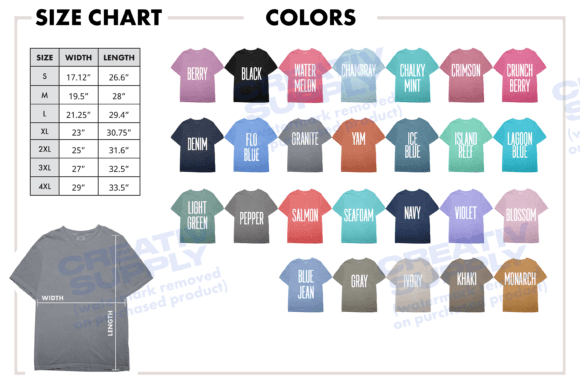 Size Chart Comfort Colors 1717 and Color Graphics